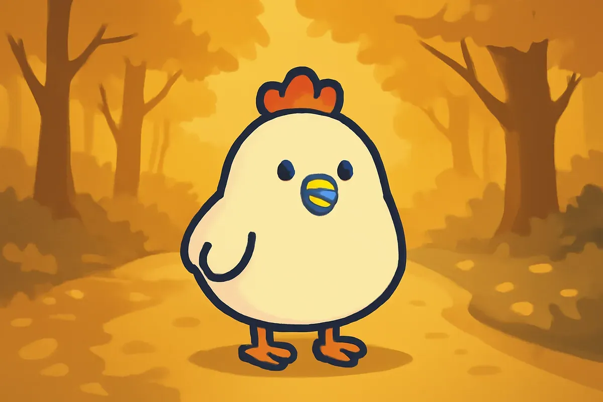 Illustration: Das Chicken-Road-Huhn unterwegs auf einer Landstraße